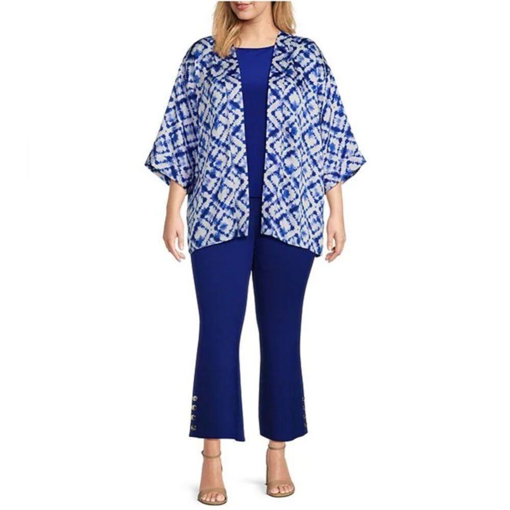 Slim Factor by Investments Plus Size Royal Tie Dye 3/4 Sleeve Kimono 1X - Picture 3 of 4